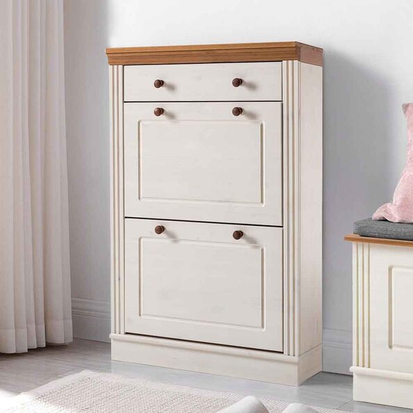 Gavrel Wooden Shoe Storage Cabinet with 2 Flap Doors in White and Honey