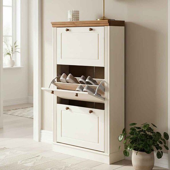 Gavrel Wooden Shoe Storage Cabinet with 3 Flap Doors in White and Honey