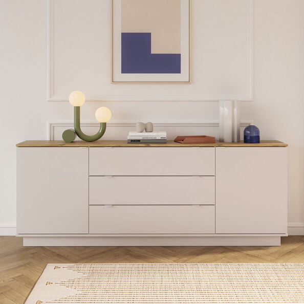 Gelion Wooden Sideboard with 2 Doors 3 Drawers in Mauvella Oak and Sand