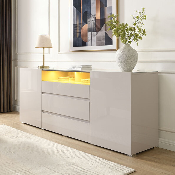 Genie Wide High Gloss Sideboard with 2 Doors 3 Drawers in Cashmere and LED