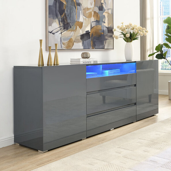 Genie Wide High Gloss Sideboard with 2 Doors 3 Drawers in Strada Grey and LED