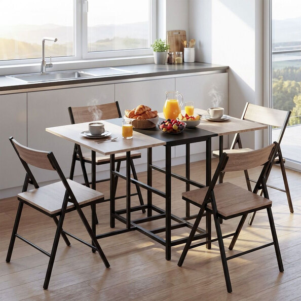 Genvira Wooden Butterfly Dining Table with 4 Chairs in Light Oak and Black