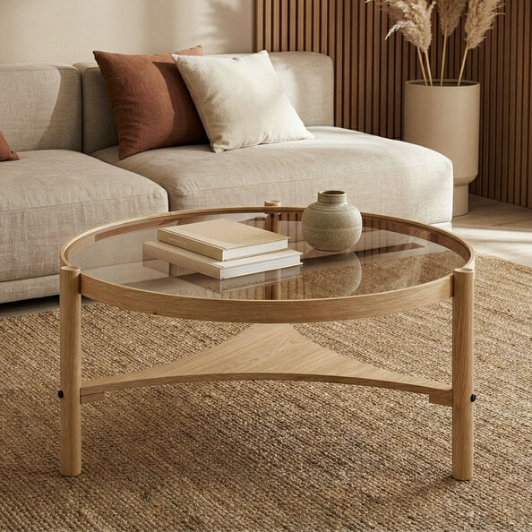 Gifu Round Glass Top Coffee Table with Solid Wood Frame in Oak