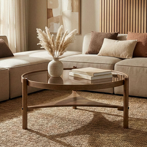 Gifu Round Glass Top Coffee Table with Solid Wood Frame in Walnut