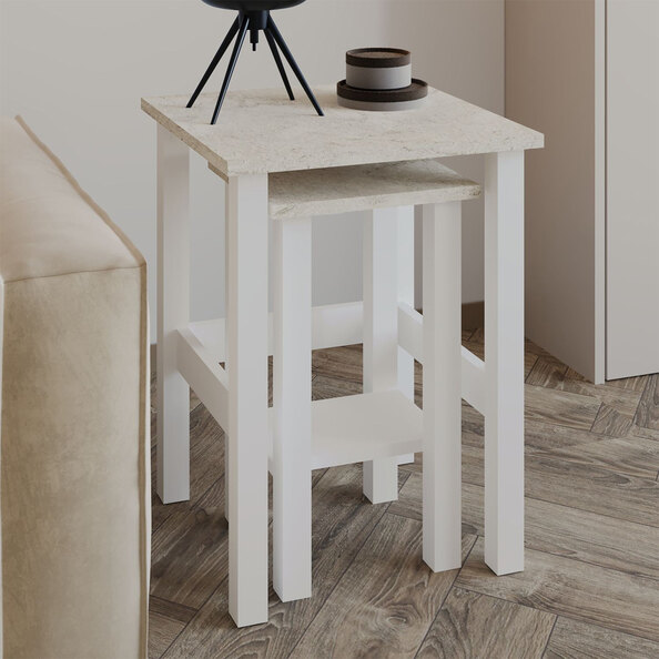 Gina Wooden Nesting Side Tables in White and Travertine Marble Effect