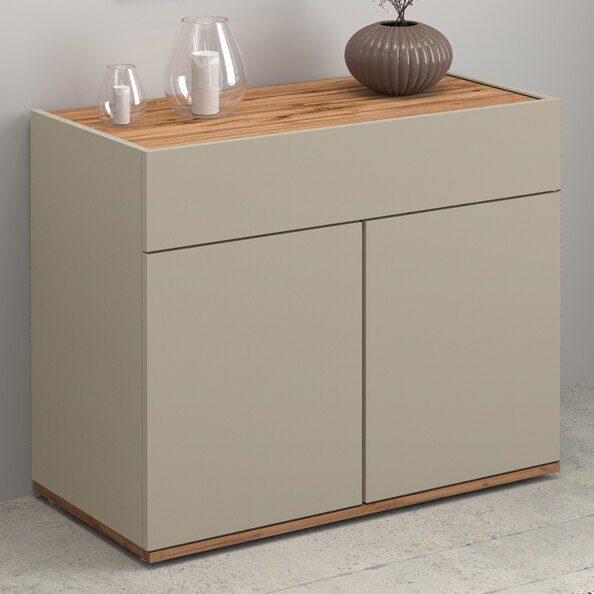 Girard Wooden Sideboard With 2 Doors 1 Drawer In Taupe And Wotan Oak