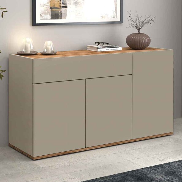 Girard Wooden Sideboard With 3 Doors 1 Drawer In Taupe And Wotan Oak