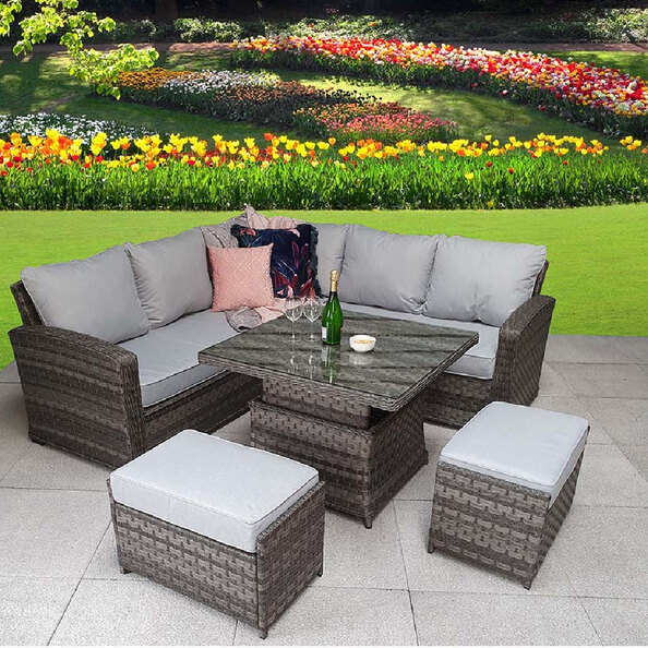 Gizeh Glass Top Garden Lift Up Dining Set With 2 Ottomans In Grey
