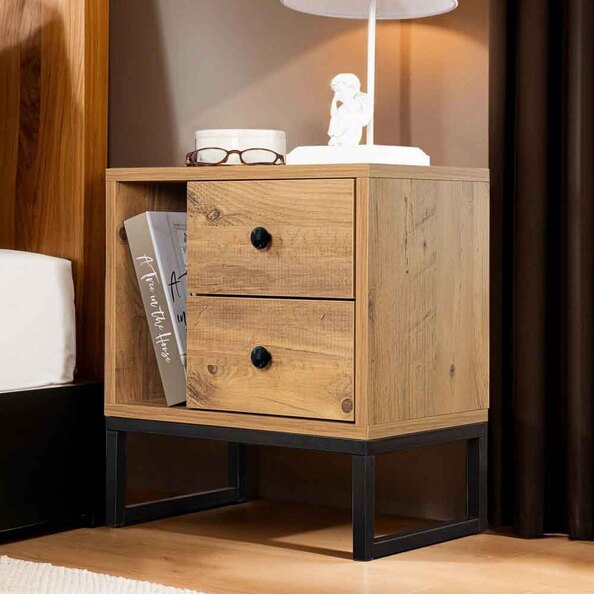 Glimen Wooden Bedside Cabinet with 2 Drawers 1 Shelf in Atlantic Pine and Black