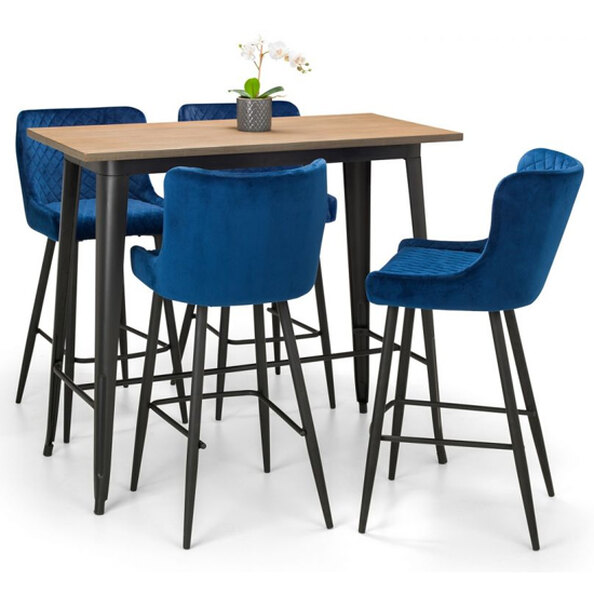 Gael Bar Table In Mocha Elm With 4 Lakia Blue Bar Stool