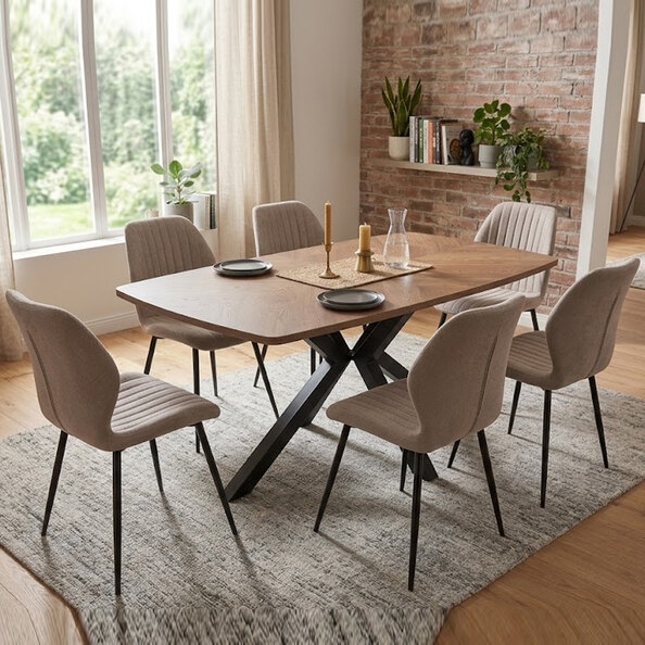 Hadley Oak Veneer Dining Table with 6 Foley Stone Chairs