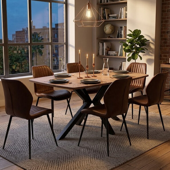 Hadley Oak Veneer Dining Table with 6 Foni Tan Chairs