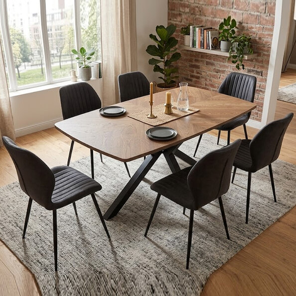 Hadley Oak Veneer Dining Table with 6 Shell Charcoal Chairs