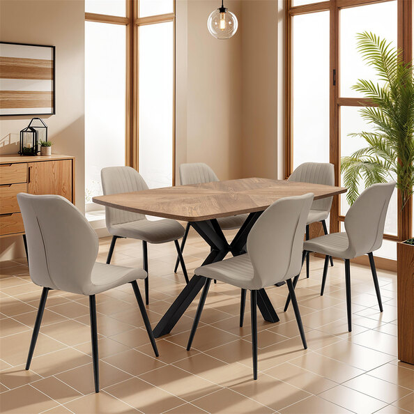 Hadley Oak Veneer Dining Table with 6 Sirel Stone Chairs