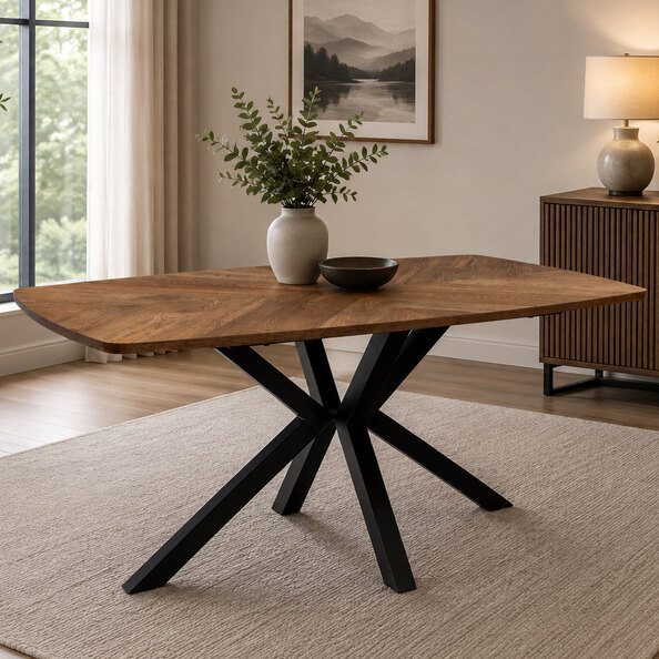 Hadley Oak Veneer Dining Table with Black X-Shaped Legs
