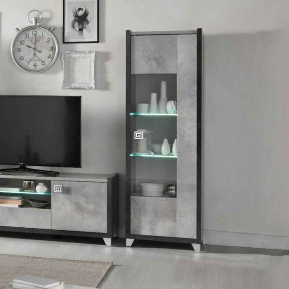 Heston High Gloss Marble Effect Display Cabinet with 1 Door in Grey and LED
