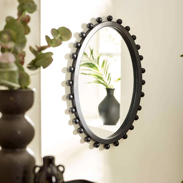 Halviro Glass Oval Beaded Wall Mirror with Black Frame