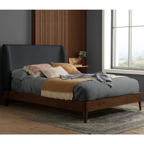 Hamel Fabric King Size Bed With Wooden Frame In Grey