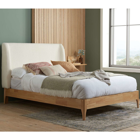 Hamel Fabric King Size Bed With Wooden Frame In White And Oak
