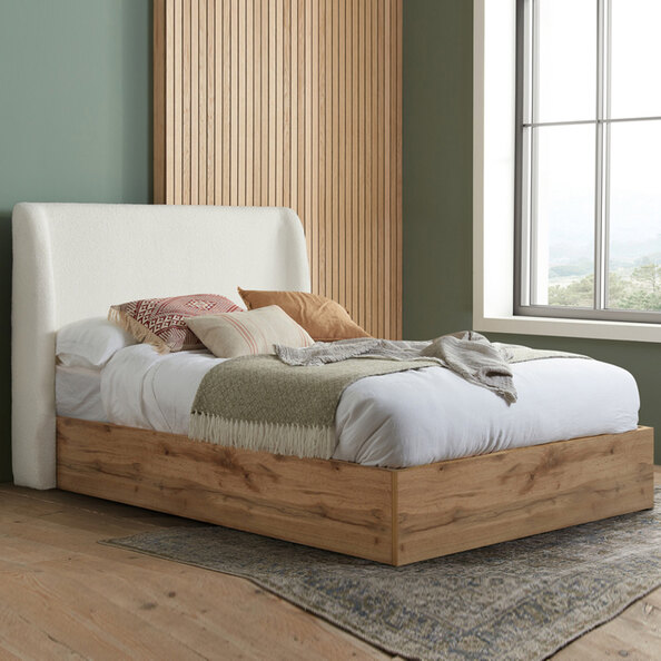 Hamel Wooden Ottoman King Size Bed With Fabric Headboard In Oak