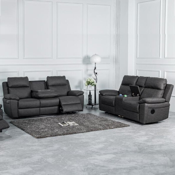 Hanford Fabric Electric Recliner 3+2 Seater Sofa Set In Dark Grey