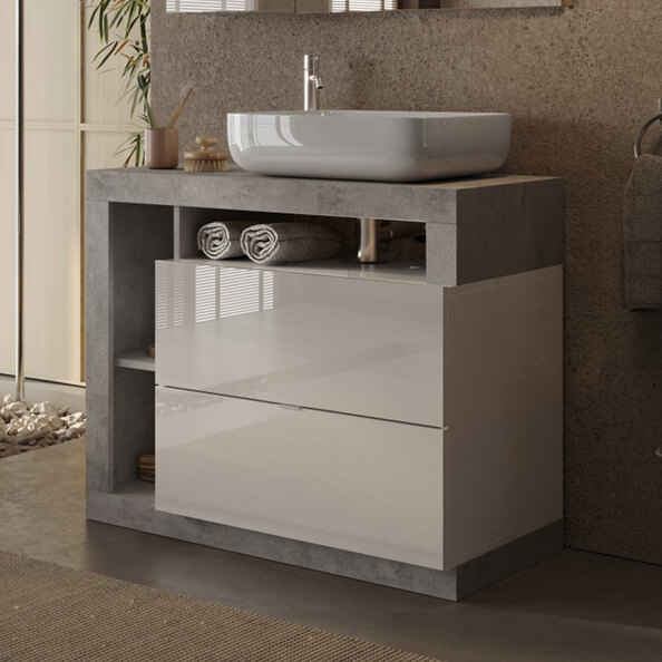 Hanmer 92cm White Gloss Floor Standing Vanity Unit In Cement