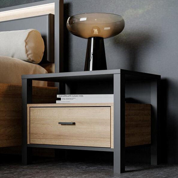 Harbor Wooden Bedside Cabinet With 1 Drawer In Matt Black And Oak