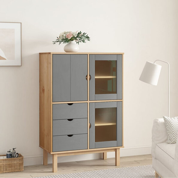 Harrow Wooden Highboard With 3 Doors 3 Drawers In Grey Brown