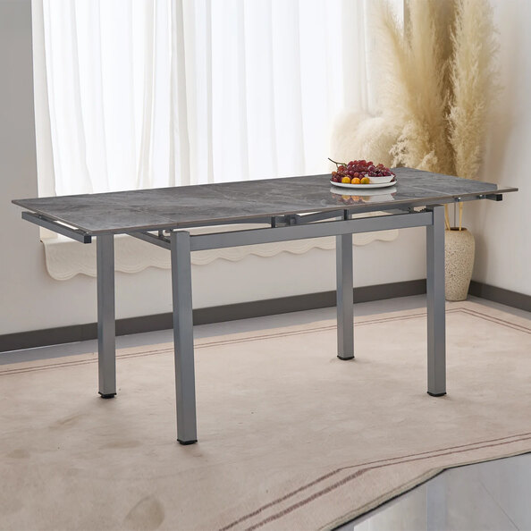 Haximo Stone Effect Tabletop Extending Dining Table with Grey Metal Frame
