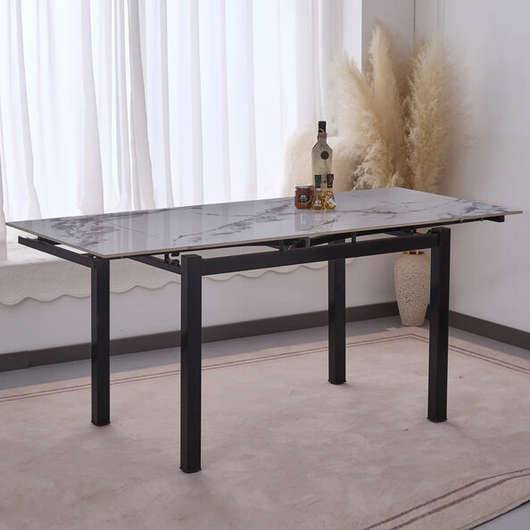 Haximo Stone Effect Tabletop Extending Dining Table with White Metal Frame
