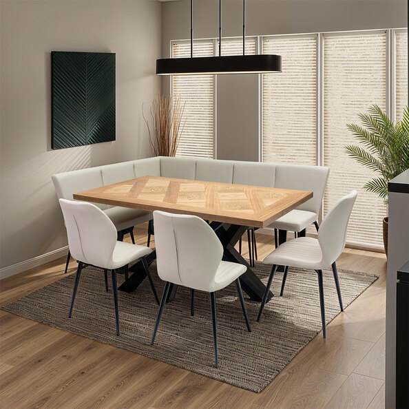Hazen Oak Veneer Dining Table with 3 Sirel Stone Chairs and Wesin Bench