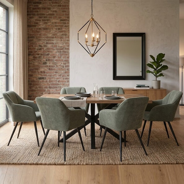 Hazen Oak Veneer Dining Table with 6 Mint Green Chairs