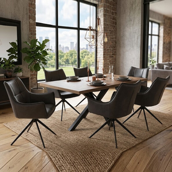 Hazen Oak Veneer Dining Table with 6 Vernon Charcoal Chairs