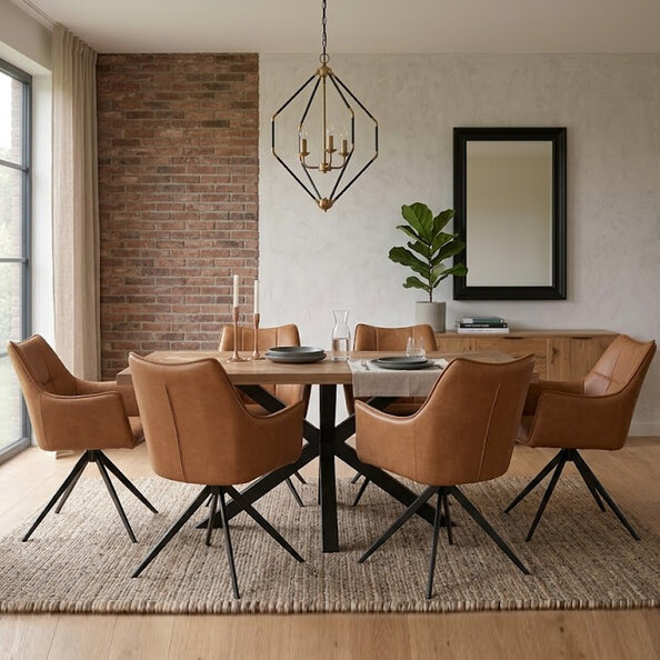 Hazen Oak Veneer Dining Table with 6 Vernon Tan Chairs