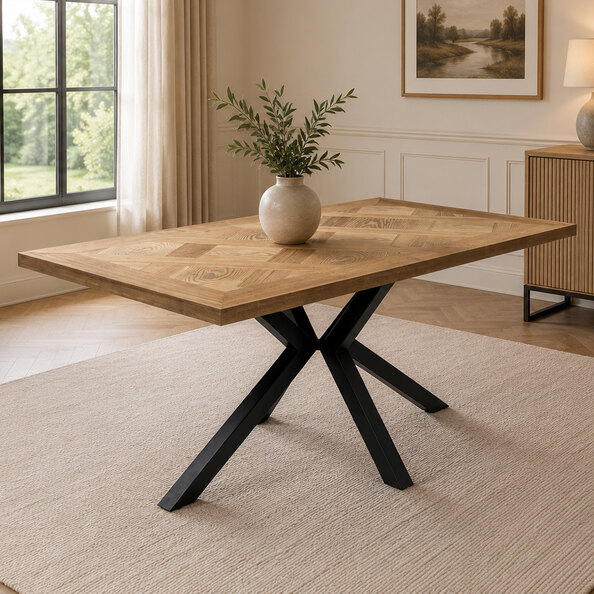 Hazen Oak Veneer Dining Table with Black X-Shaped Legs