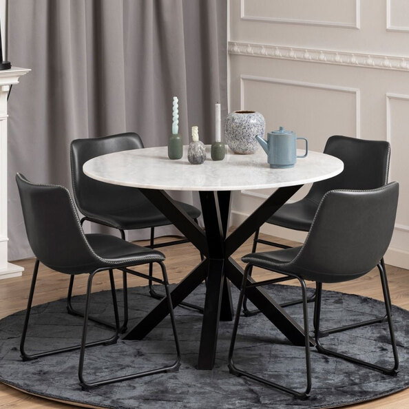 Hebron Marble Dining Table With 4 Ogden Black Chairs In White
