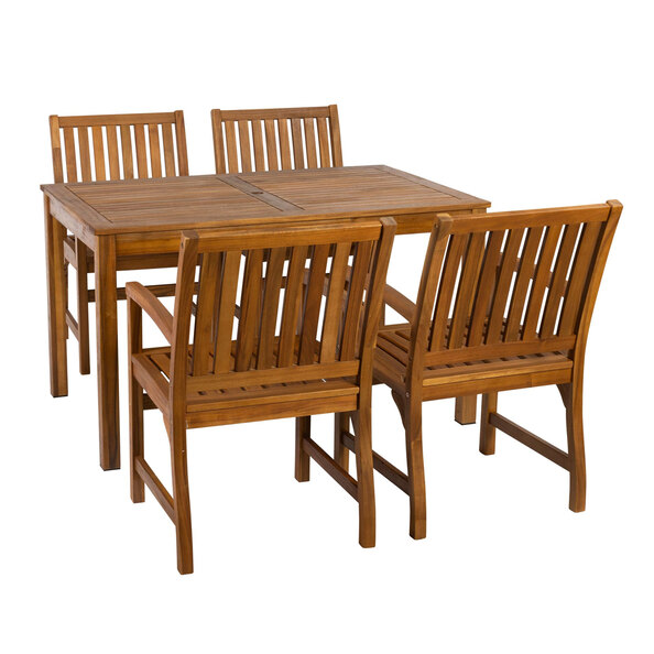 Helena Outdoor Rectangular Solid Acacia Wood Dining Table with 4 Armchairs in Brown