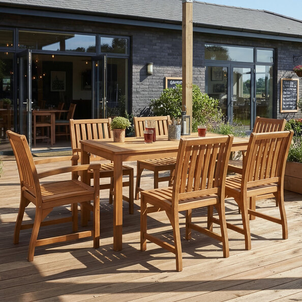 Helena Outdoor Rectangular Solid Acacia Wood Dining Table with 6 Chairs in Brown