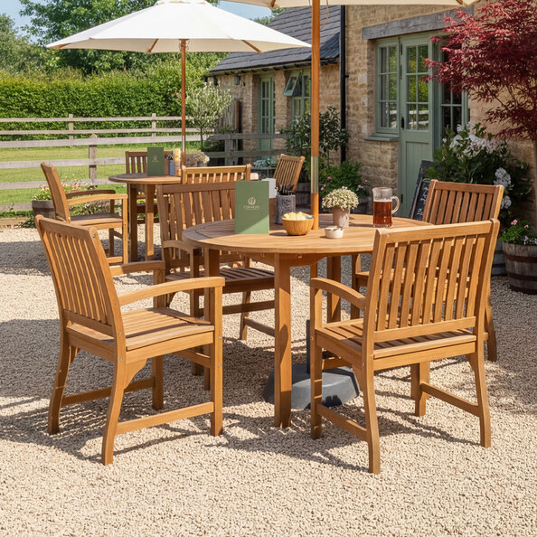 Helena Outdoor Round Solid Acacia Wood Dining Table with 4 Armchairs in Brown