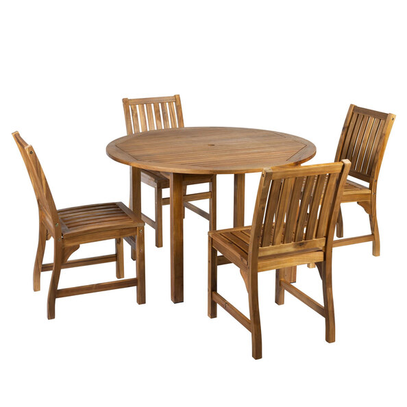 Helena Outdoor Round Solid Acacia Wood Dining Table with 4 Side Chairs in Brown