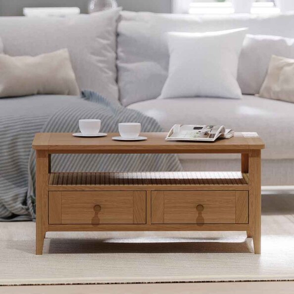 Helvane Solid Wood Coffee Table with 2 Drawers in Oak