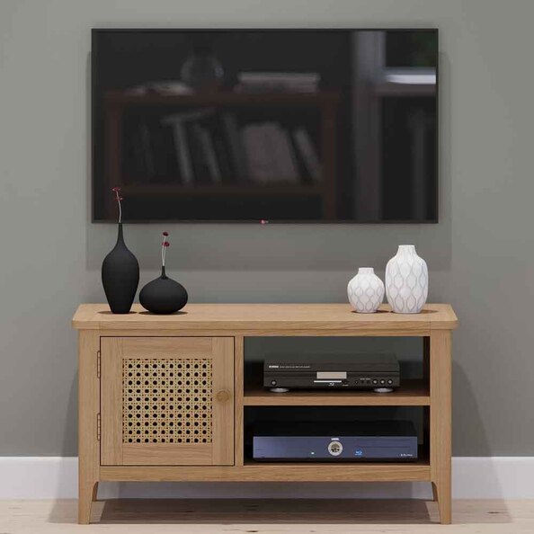 Helvane Solid Wood TV Stand with 1 Door in Oak