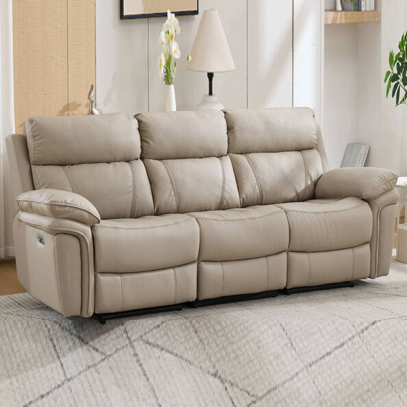Henley Plush PU Electric 3 Seater Sofa in Fawn