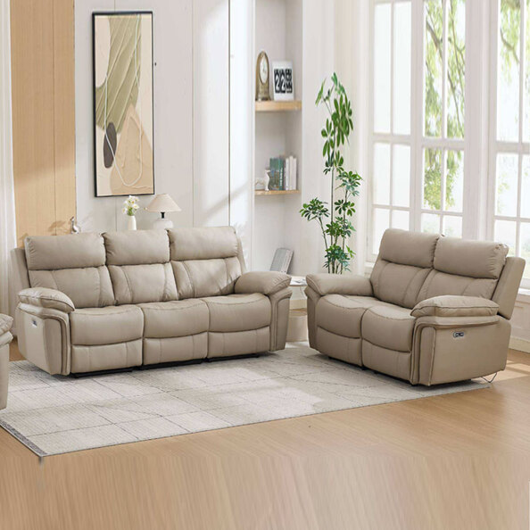 Henley Plush PU Electric Recliner 3+2 Seater Sofa Set in Fawn