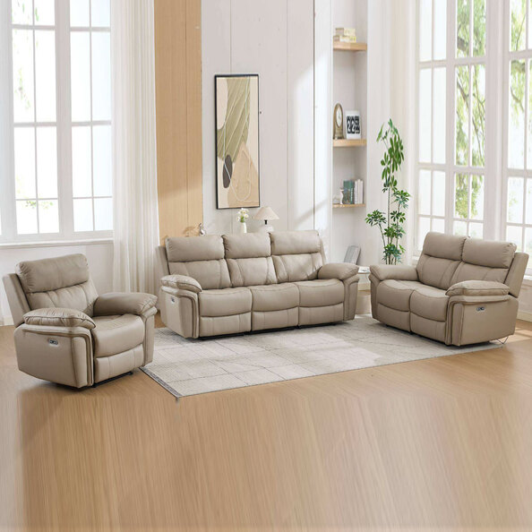 Henley Plush PU Electric Recliner Sofa Suite in Fawn