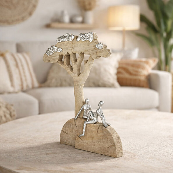 Henviro Mango Wood Relaxing Tree Sculpture in Natural and Silver