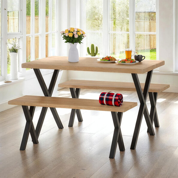 Henvrio Wooden Dining Table with 2 Benches in Light Oak and Black