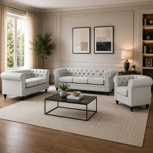 Hertford Chesterfield Faux Leather 3+2+1 Seater Sofa Set in Light Grey