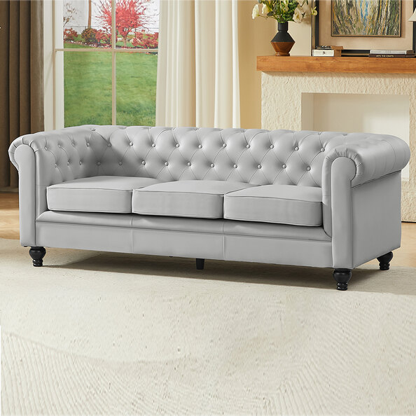 Hertford Chesterfield Faux Leather 3 Seater Sofa in Light Grey