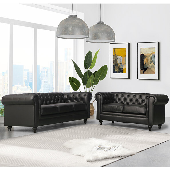 Hertford Chesterfield Faux Leather 3+2 Seater Sofa Set In Black